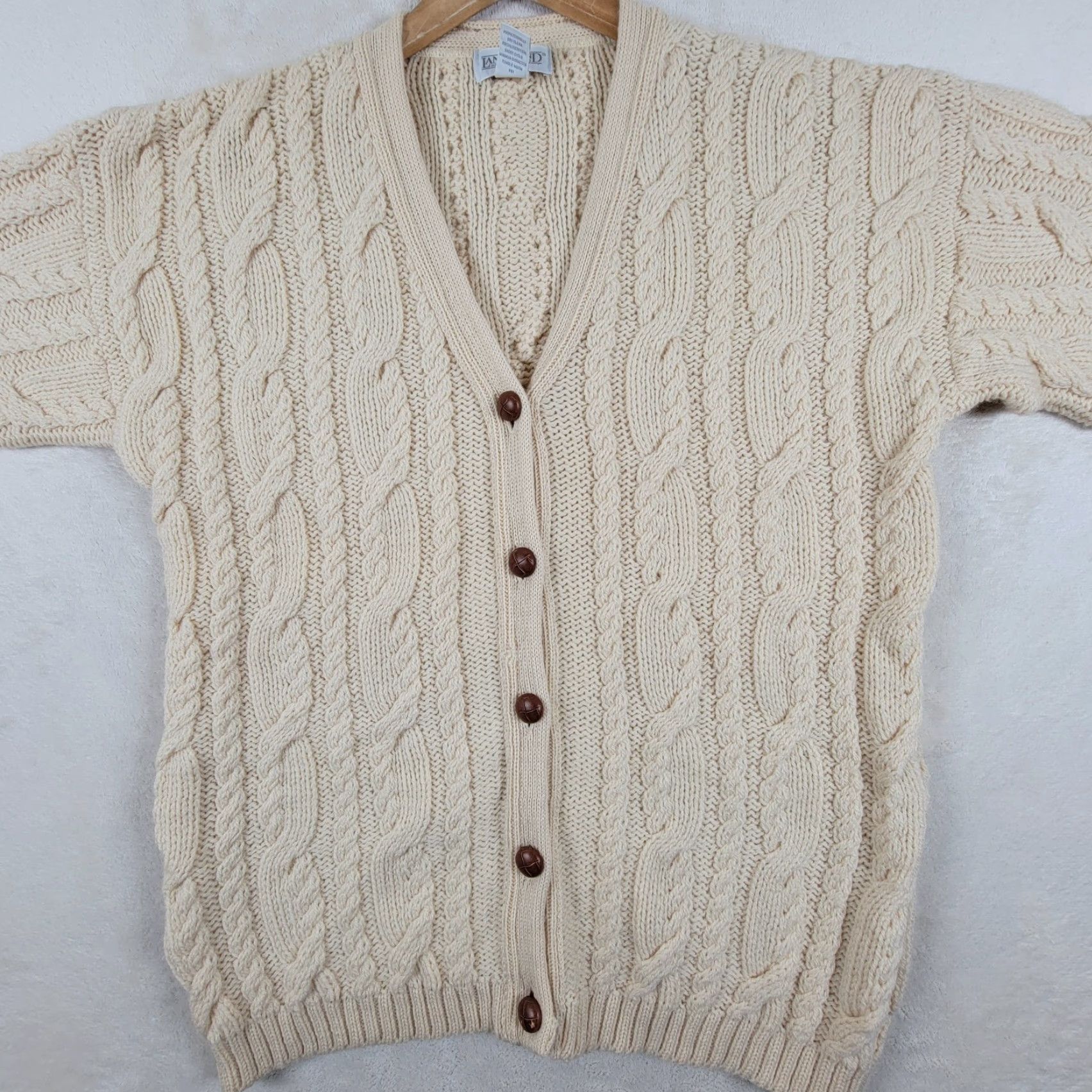 Lands' End VINTAGE Lands' End Fisherman Cardigan Sweater Womens S 100% Wool Ivory Thick Wool Chunky-Knit Winter Leather Buttons Boys??? Size S / US 4 / IT 40 - 2 Thumbnail