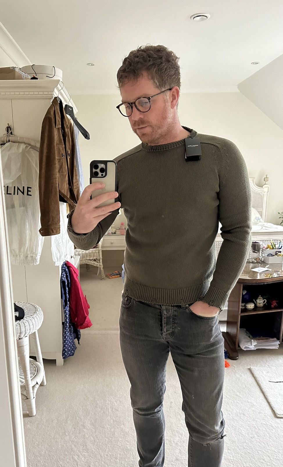 Saint Laurent Paris $990 FW21 Saint Laurent Green destroyed knit sweater L Size US L / EU 52-54 / 3 - 4 Thumbnail
