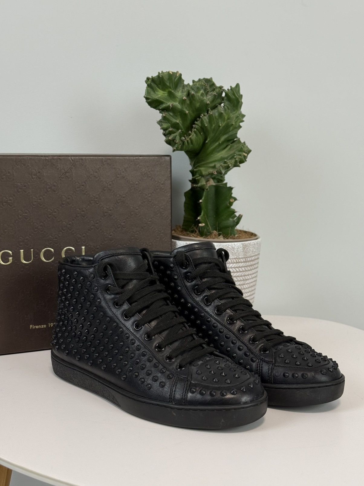 Gucci Gucci Black Leather Studded High-Top Sneakers Size US 7 / IT 37 - 1 Thumbnail