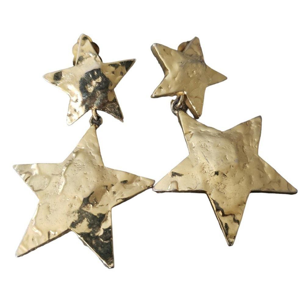 Designer Double Star Vintage Gold Tone Clip Earrings 1.5" Size ONE SIZE - 1 Thumbnail