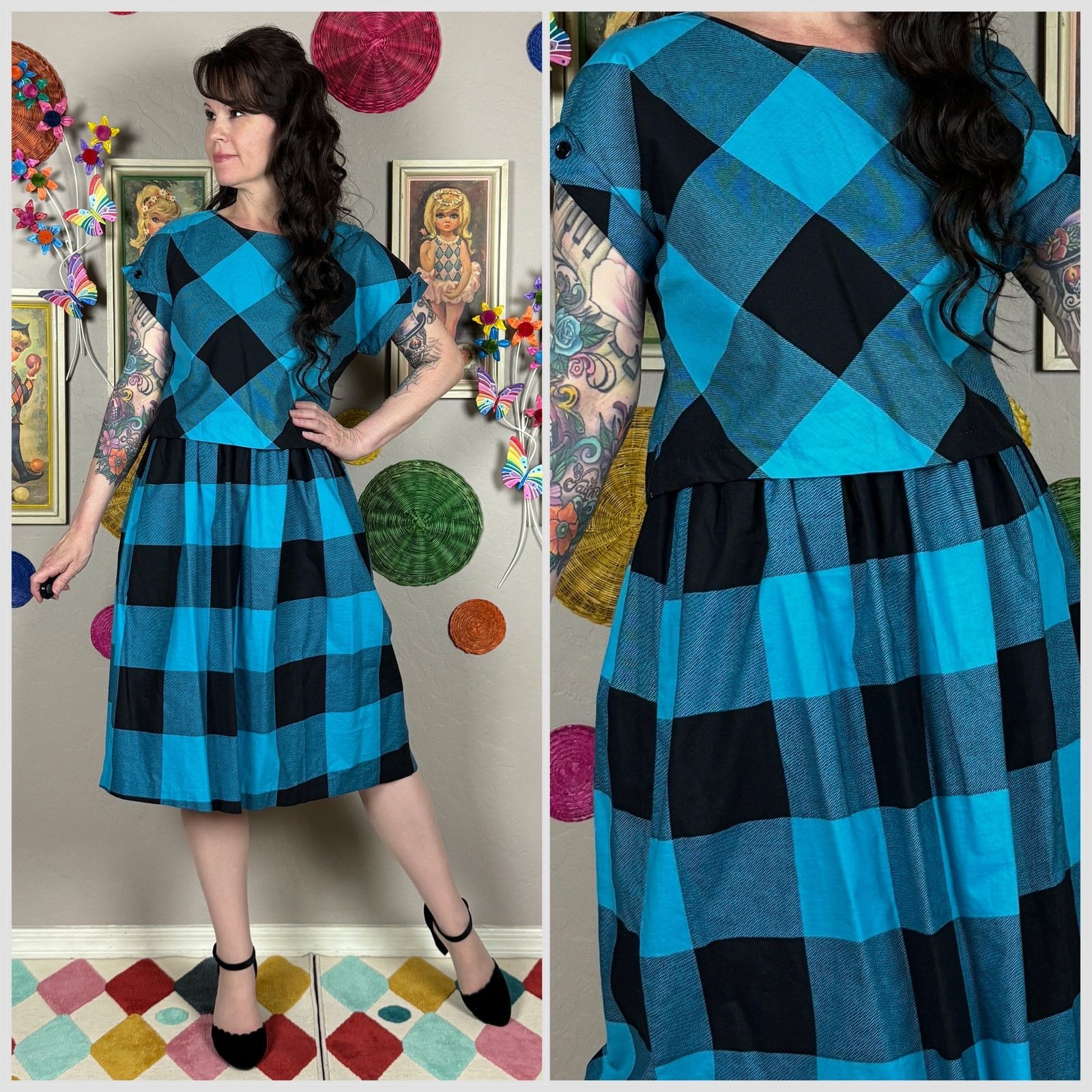 Vintage 1970s Blue & Black Buffalo Plaid Short Sleeve Midi Dress Set Size S / US 4 / IT 40 - 1 Thumbnail