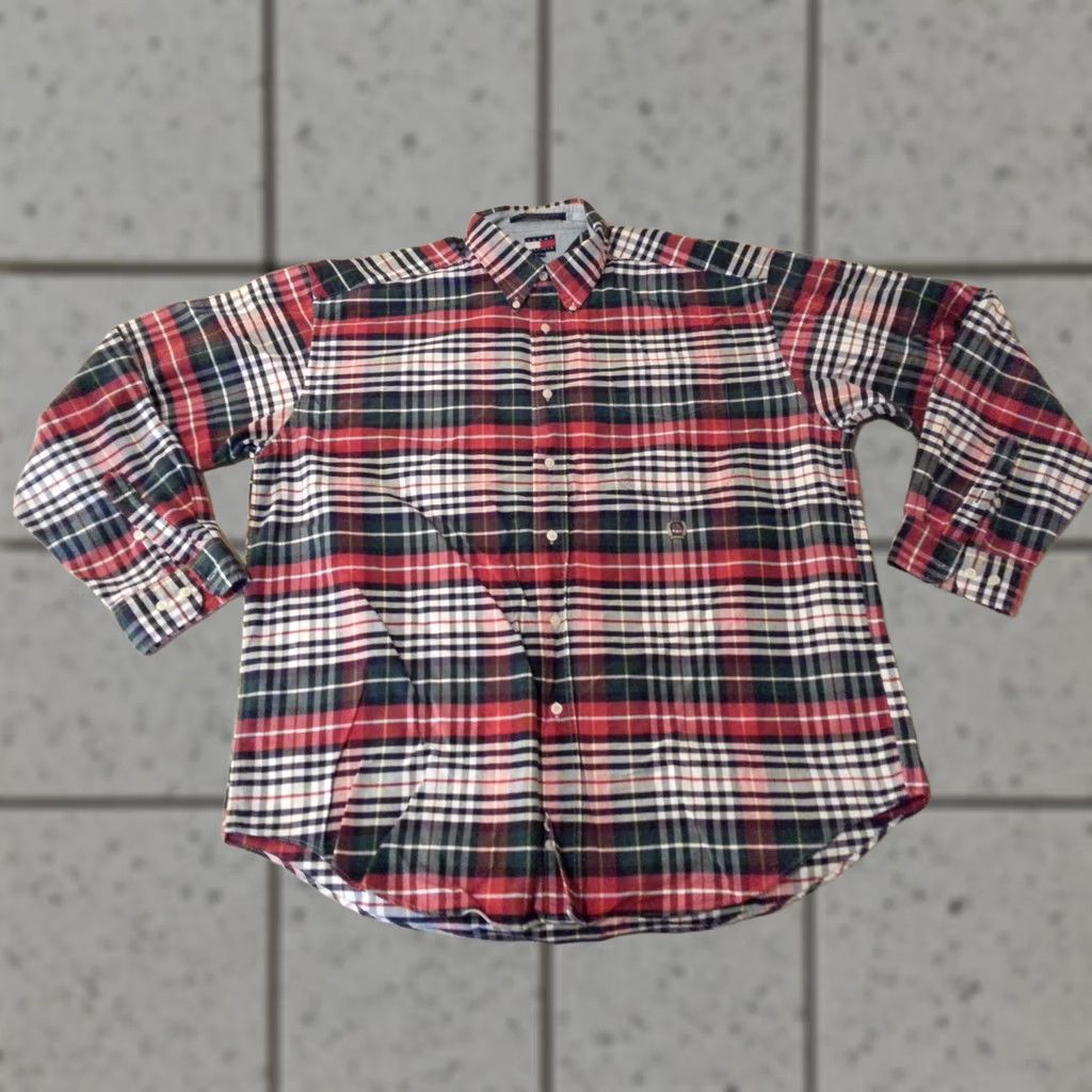 Tommy Hilfiger Tommy Hilfiger Shirt Mens XL Green Plaid Dress Red Cotton Long Button Size 46R - 1 Thumbnail