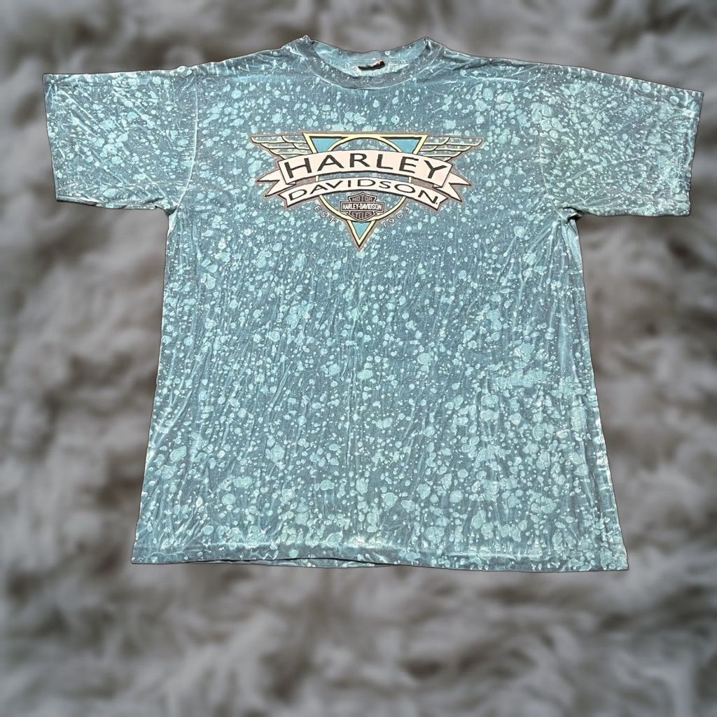 VINTAGE Harley-Davidson Shirt Mens XL Multicolor Tie-Dye Crew Neck Short Sleeve USA Made 90s Biker Print Double-Sided