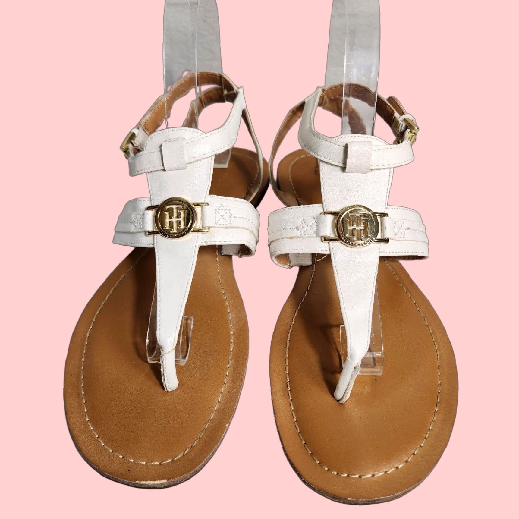 Tommy Hilfiger White Vegan Leather Strappy Thong Sandals Women Size 8 Flat