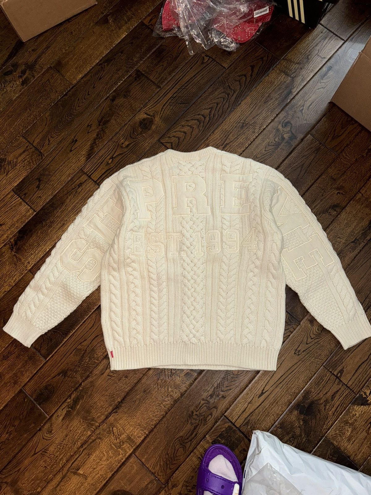 image of Supreme Cable Knit Appliqué Sweater in Ivory, Men's (Size Large)