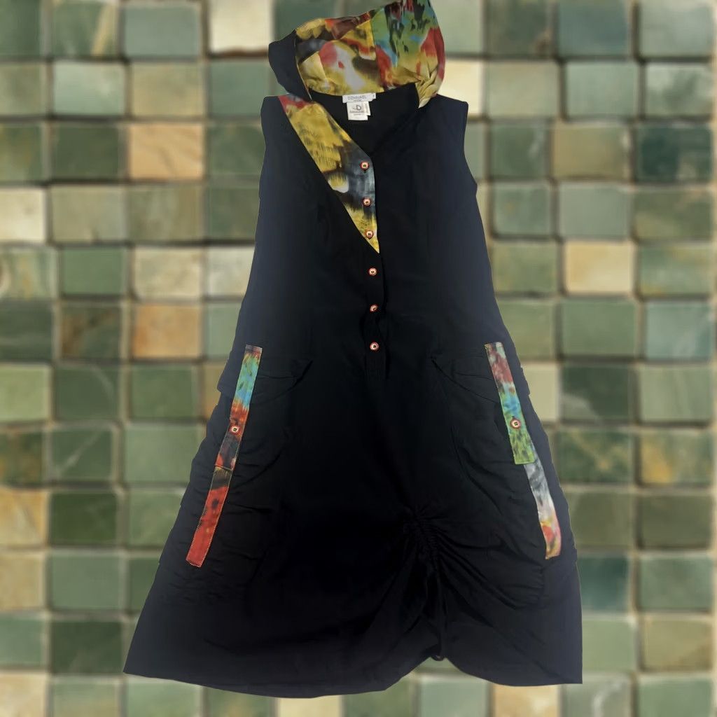 Vintage DZHAVAEL Couture Dress Womens S Black Tie Dye Hooded Sleeveless Ruched Shift dress Size S / US 4 / IT 40 - 1 Thumbnail
