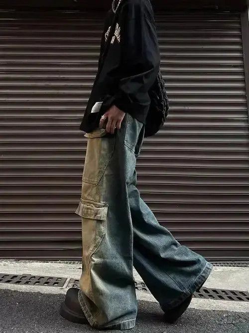Jean Yellow mud-dyed gradient velcro large pocket cargo jeans Size US 32 / EU 48 - 4 Thumbnail