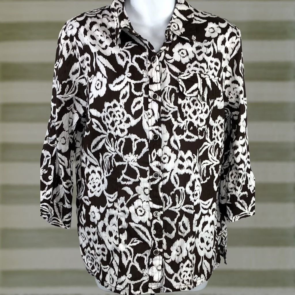 Vintage Karen Scott ButtonUp Top L Brown Floral 3/4 Roll Tab Sleeve Capsule Tropical Size L / US 10 / IT 46 - 1 Thumbnail