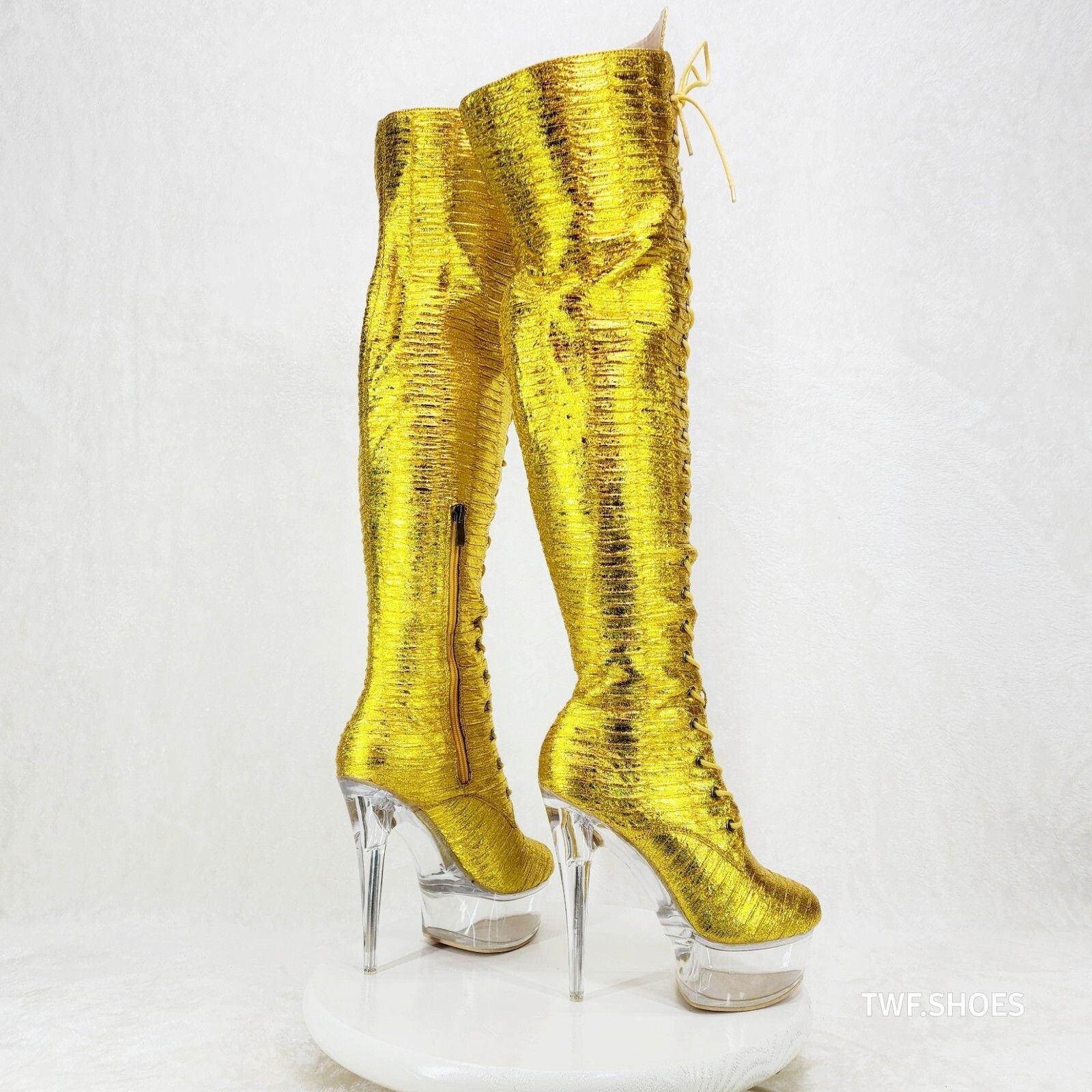 Other Bulls Metallic Yellow Gold OTK Clear Platform High Heel Thig Size US 7 / IT 37 - 1 Thumbnail