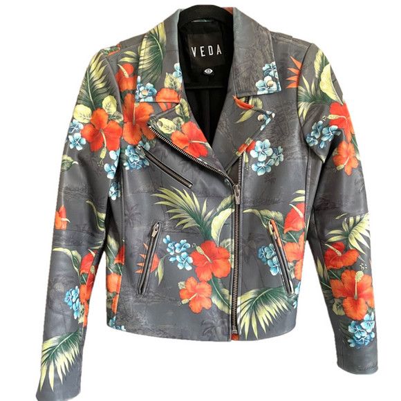 VEDA Veda Gray Tropical Print Leather Biker Jacket - Small Size S / US 4 / IT 40 - 10 Thumbnail