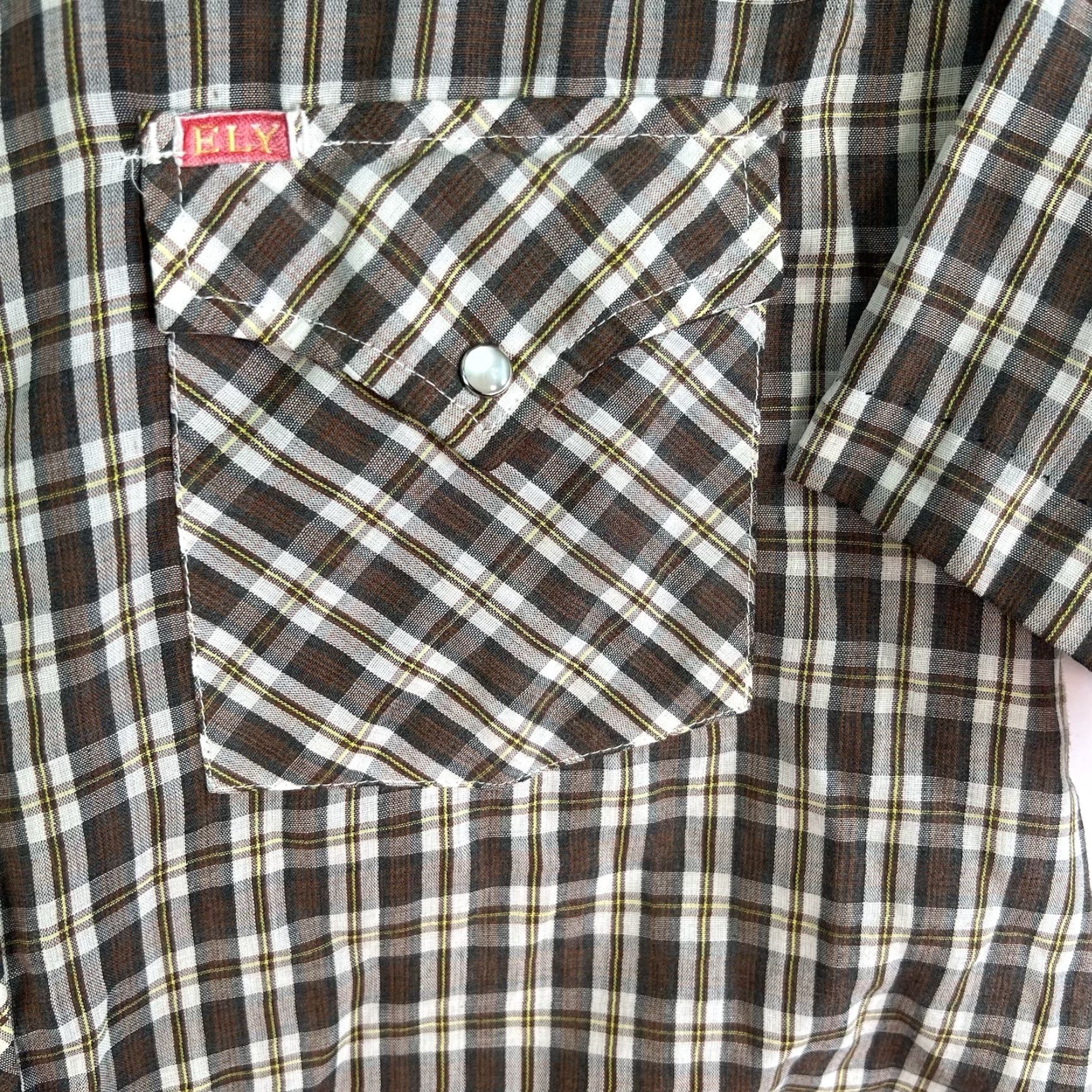Vintage VINTAGE Ely Plains Shirt Mens 16.5 33 Brown Plaid Pearl-Snap Short Sleeve Casual Western Cowboy 50 in Chest Mens Size US L / EU 52-54 / 3 - 5 Thumbnail