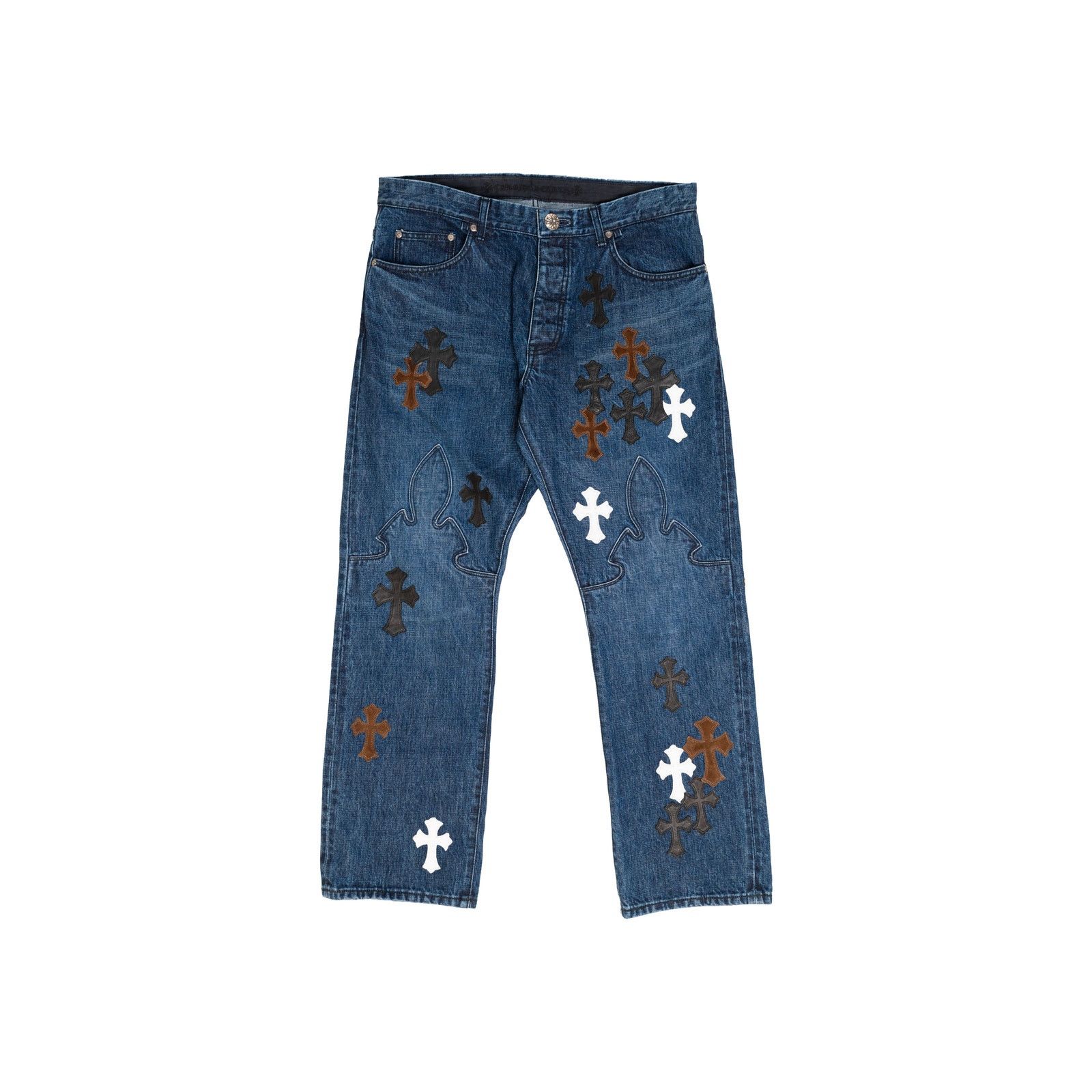 Chrome Hearts Indigo Denim Fleur Knee Jeans Black White & Brown Patches Size US 36 / EU 52 - 1 Thumbnail