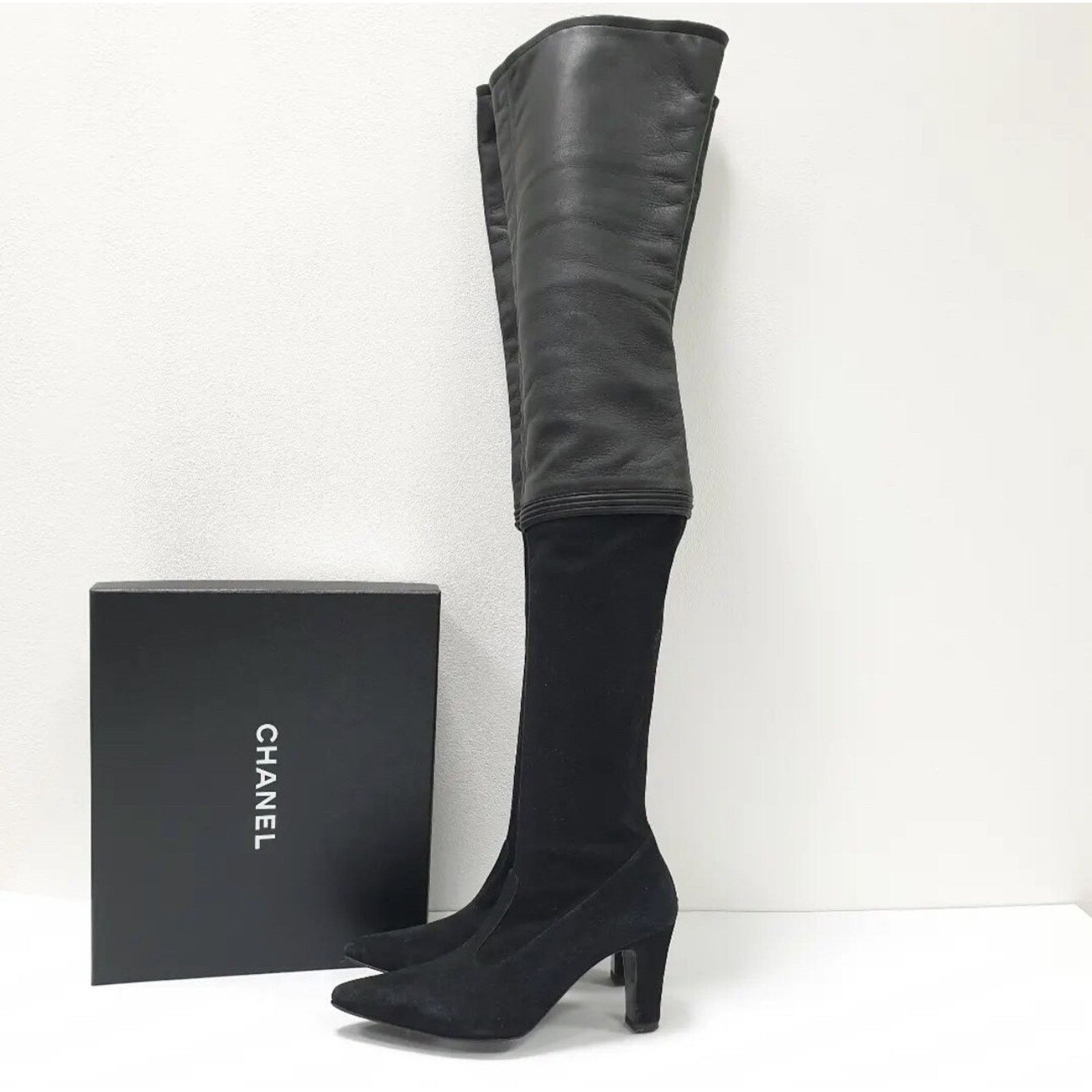 Chanel Chanel Black Suede Leather Over Knee Boots Sz. 39 Size US 9 / IT 39 - 1 Thumbnail