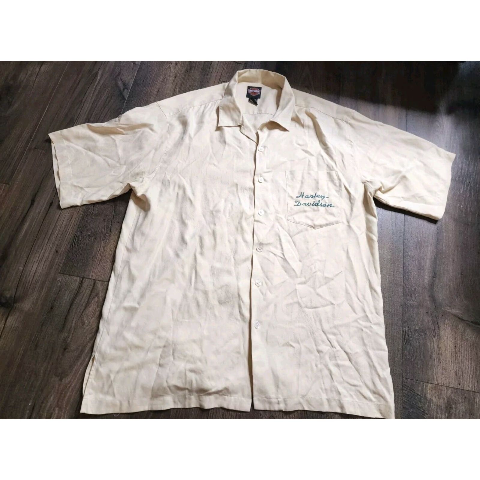 Harley Davidson Harley-Davidson Shirt Silk Adult XL Beige Embroidered Motorcycle Short Sleeve Button-Up Mens Size US XL / EU 56 / 4 - 5 Thumbnail