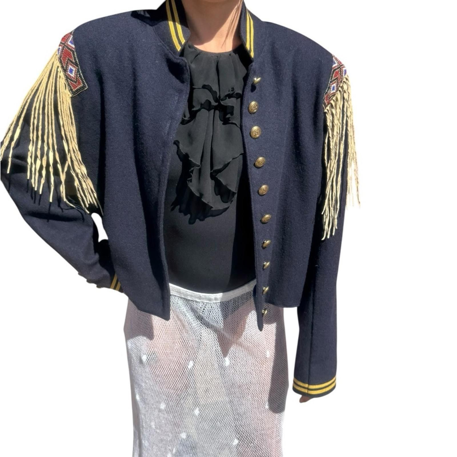 Designer Double D Ranch L Wool Navy Cropped Fringe Shoulder Jacket Size L / US 10 / IT 46 - 1 Thumbnail