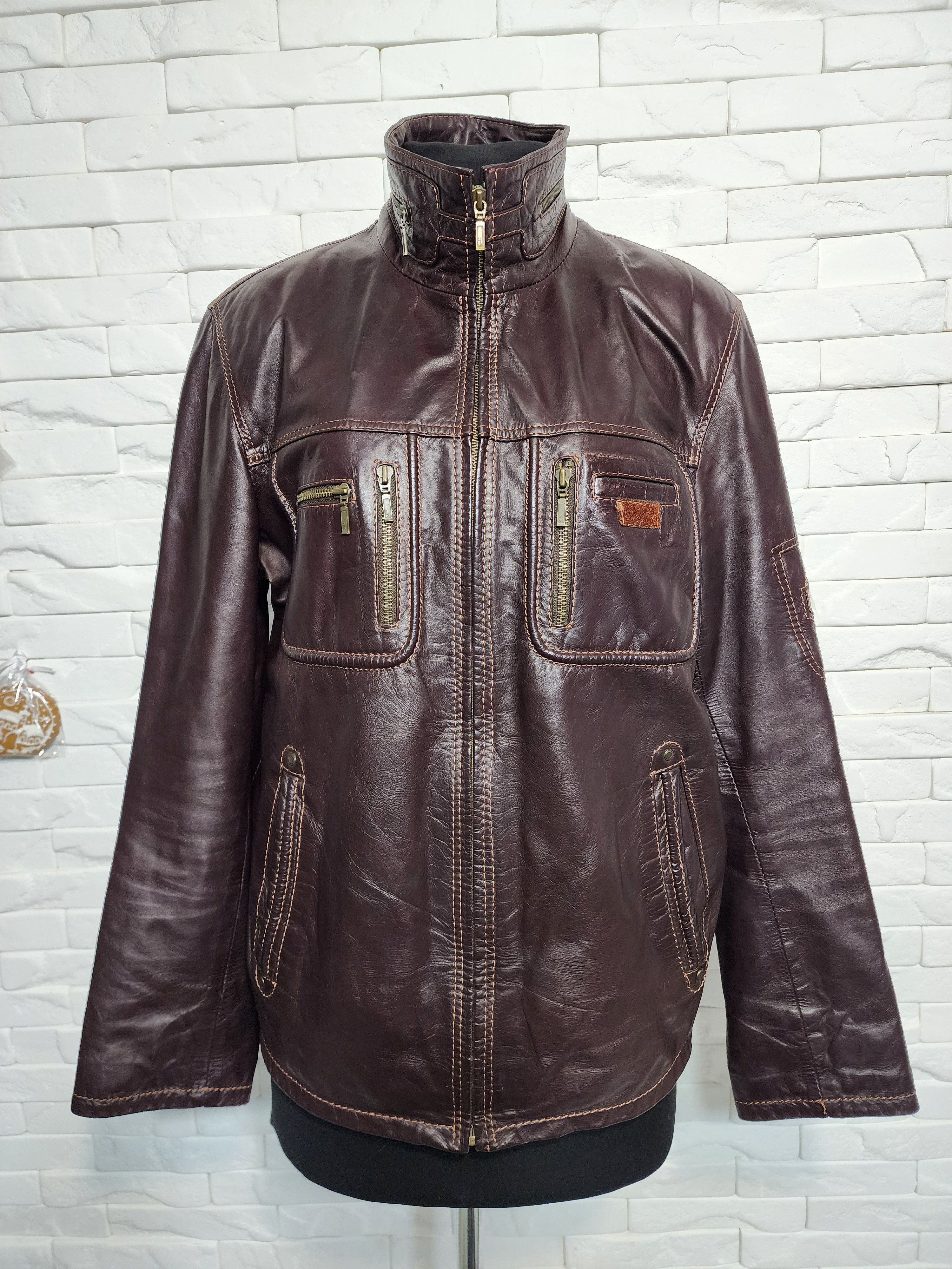 Uniqlo Brown Leather Jacket: Men's Zippered Bomber with Pockets Size US M / EU 48-50 / 2 - 2 Thumbnail