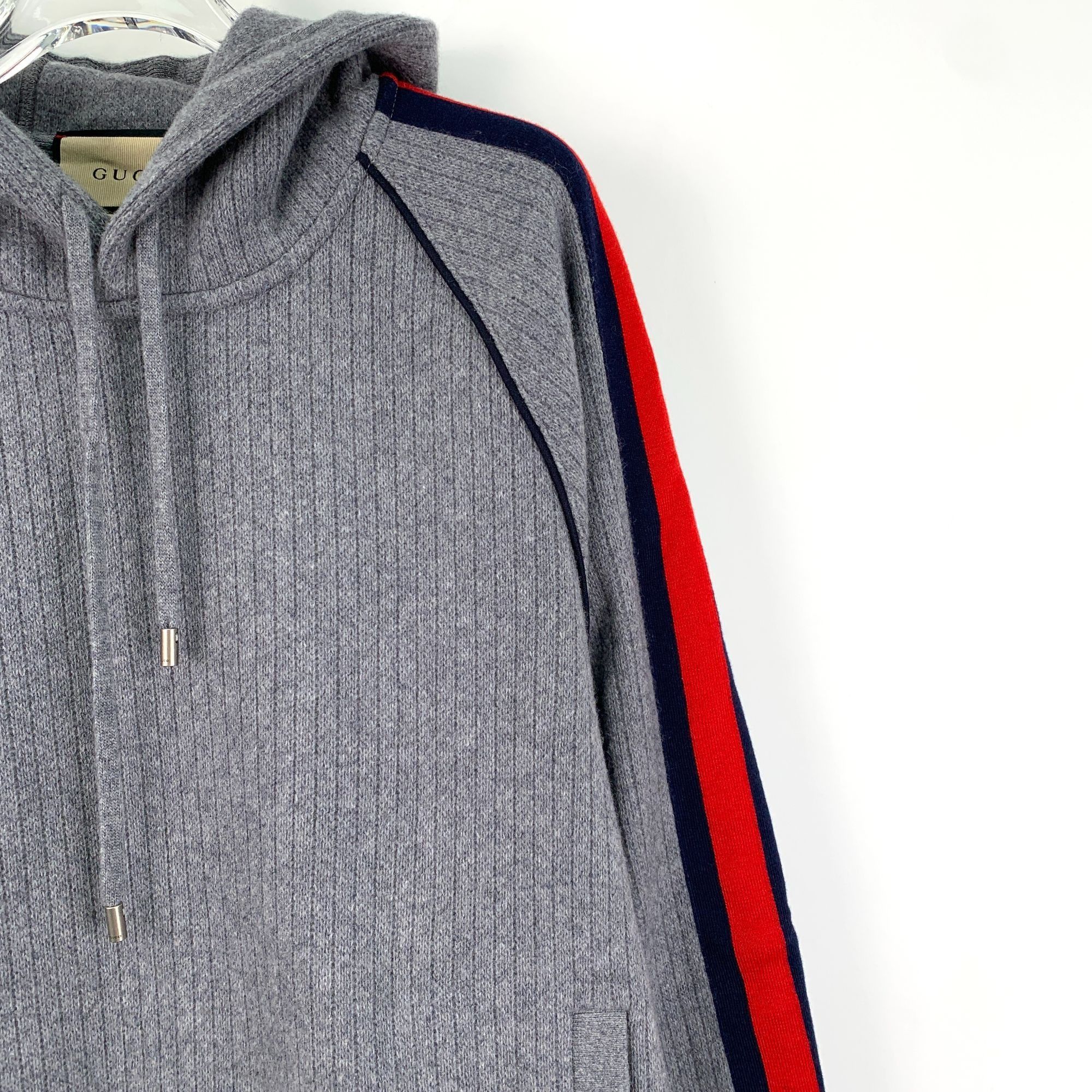 Gucci GUCCI Grey Wool & Cashmere Hooded Sweatshirt With Navy & Red Size S / US 4 / IT 40 - 7 Thumbnail