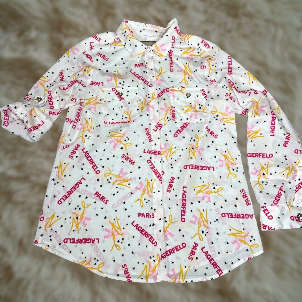 Karl Lagerfeld Karl Lagerfeld Womens Blouse M White Roll Tab Sleeve Button Front All Over Print Size M / US 6-8 / IT 42-44 - 1 Thumbnail