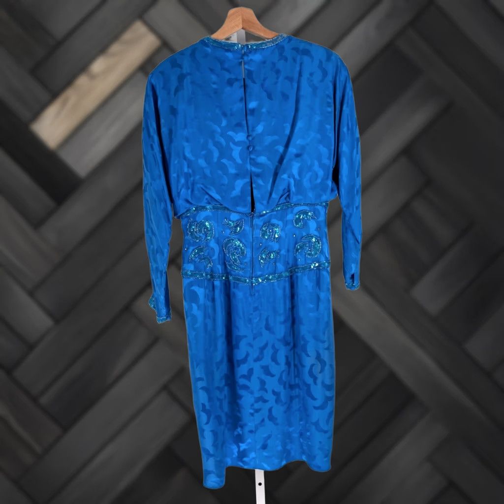 Vintage Vintage 80s A.J. Bari Petites Silk Jacquard Beaded Cocktail Dress Blue 12 Size XL / US 12-14 / IT 48-50 - 1 Thumbnail