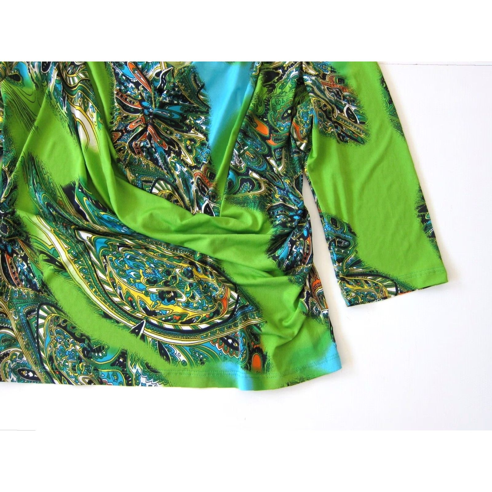 Vintage Caribe Blouse 3/4 Sleeve Ruched Neck Paisley Stretch M Green Black Blue Floral Shirt Womens Size M / US 6-8 / IT 42-44 - 6 Thumbnail