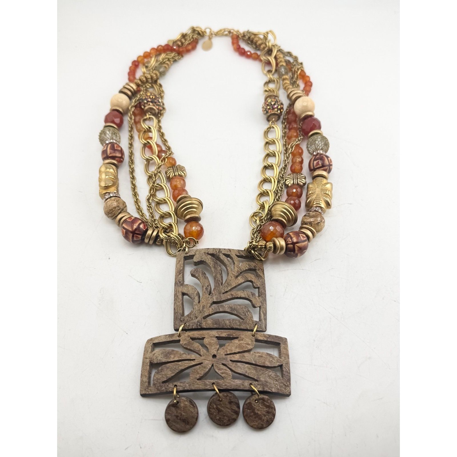 Vintage Vintage multi strand orange glass beaded bamboo wood pendant Size ONE SIZE - 2 Thumbnail