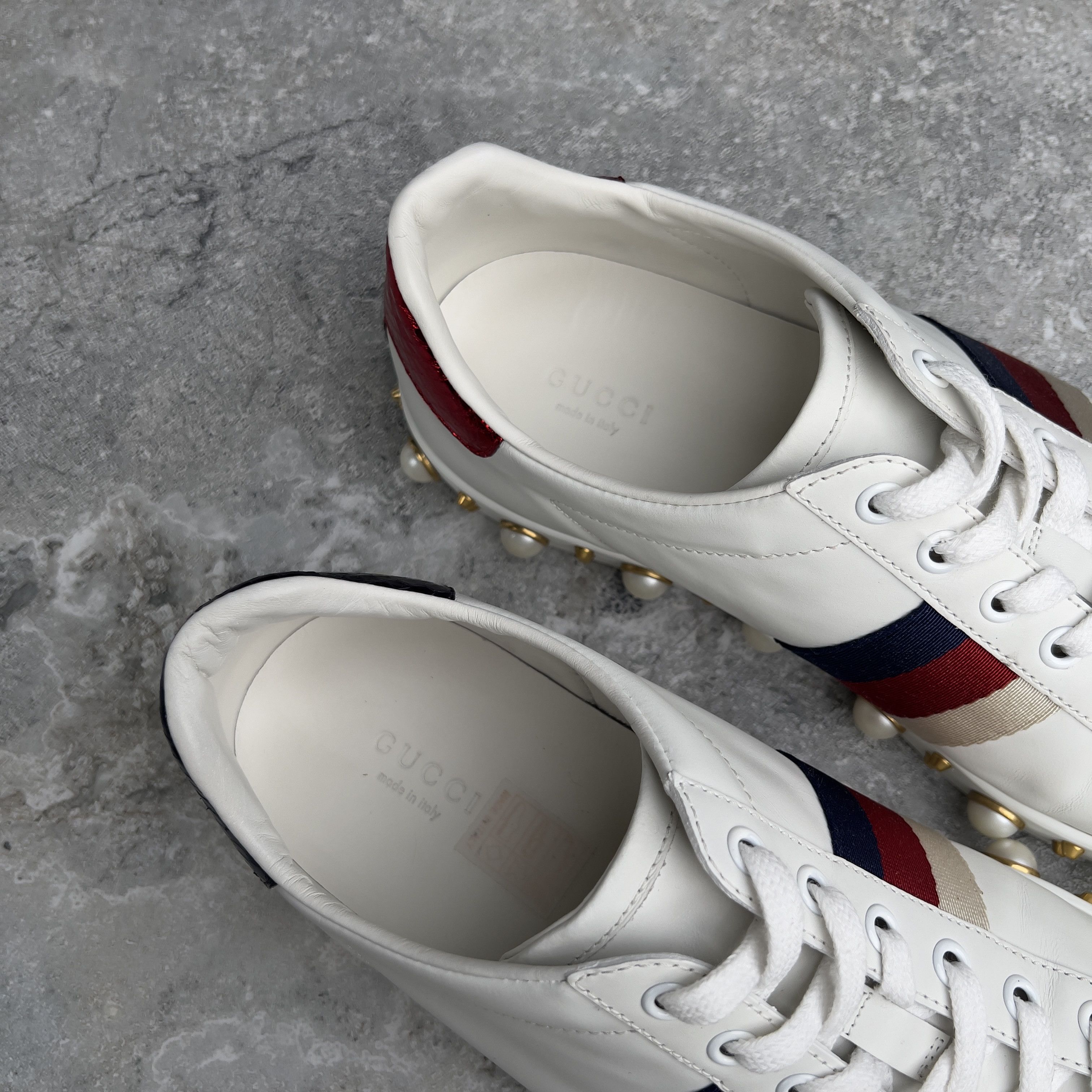 Gucci Gucci Ace Web Studded Sneakers Pearls Leather Size US 10.5 / IT 40.5 - 10 Thumbnail