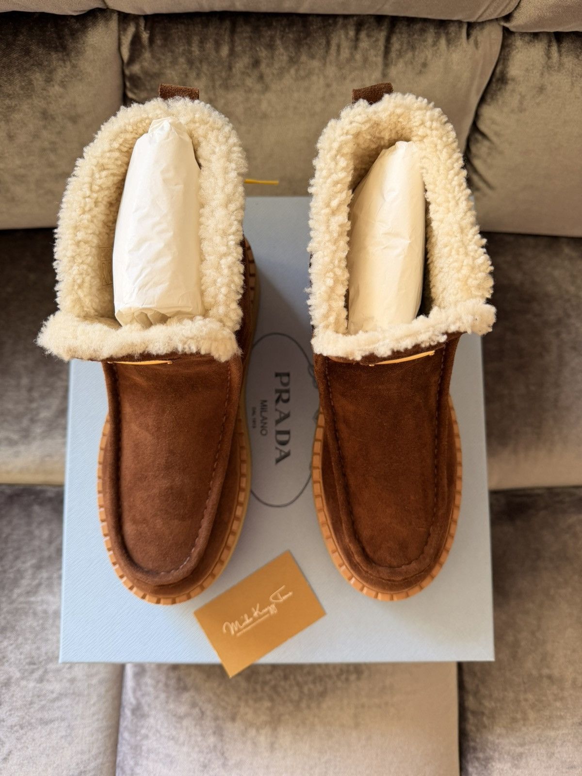 Prada BNWT $1450 Prada Brown Suede Leather Lambskin Fur Boots Size US 8 / IT 38 - 2 Thumbnail