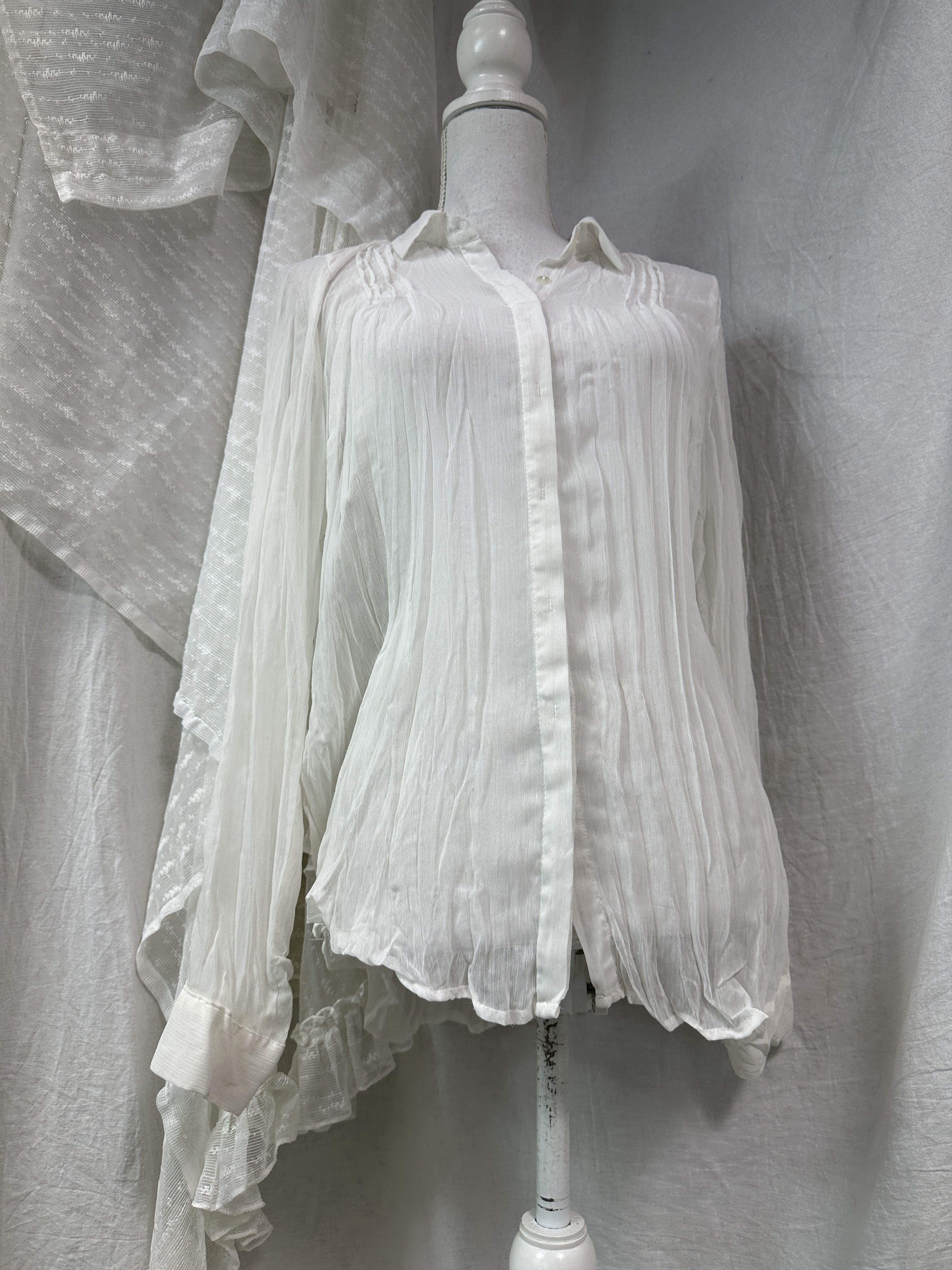 Vintage Vintage Avant Garde Striped White Sheer Mesh Shirt Y2K Size L / US 10 / IT 46 - 1 Thumbnail