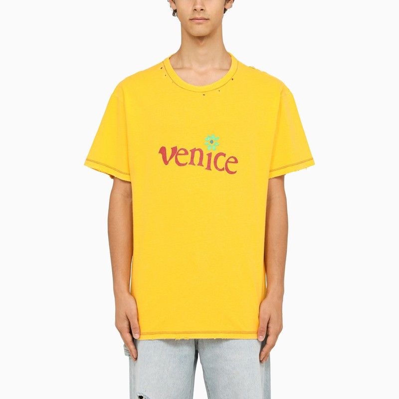 image of Erl Yellow Crew-Neck T-Shirt With Wears, Men's (Size Large)