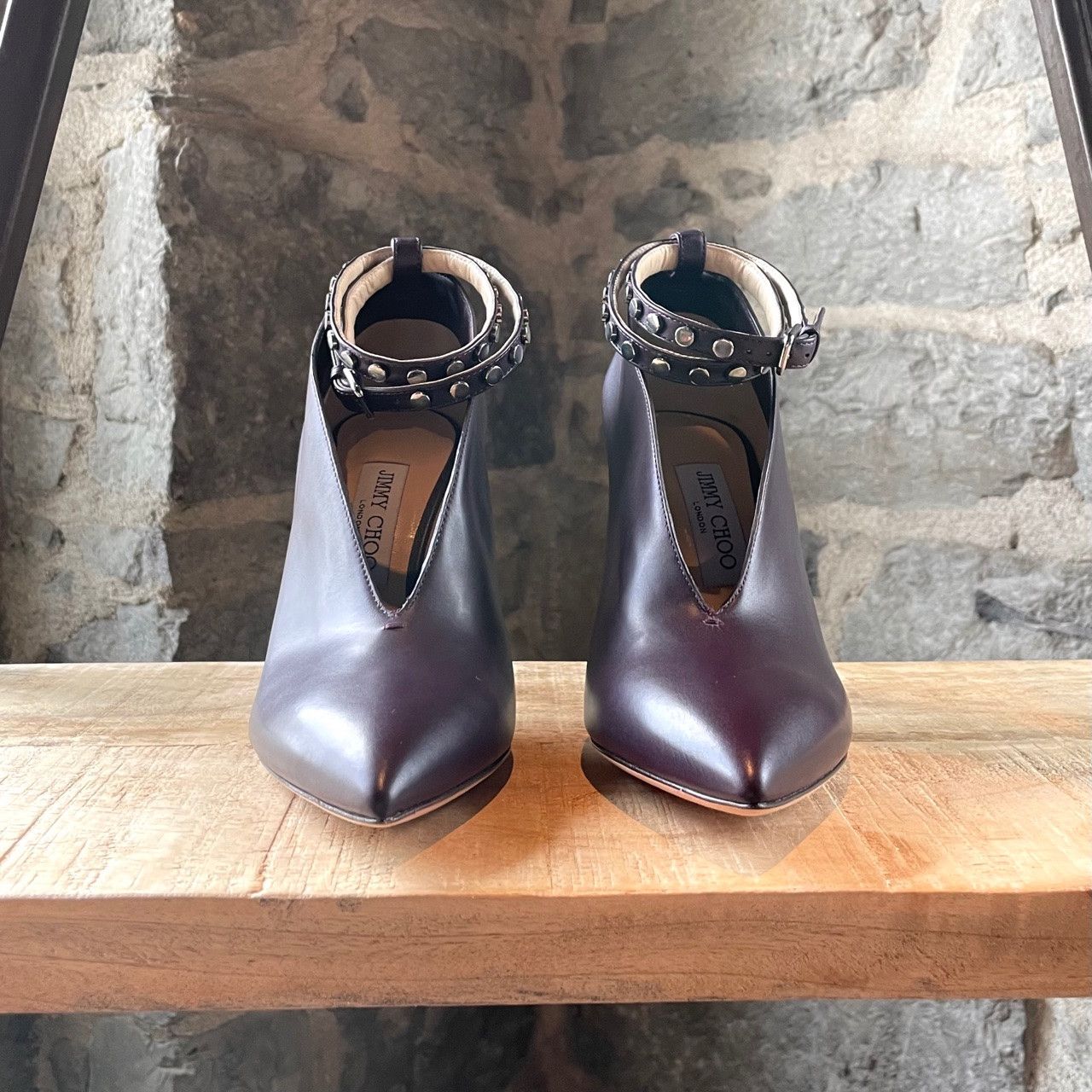 Jimmy Choo Jimmy Choo Purple Eggplant Lark Ankle Strap V Booties Size US 7.5 / IT 37.5 - 3 Thumbnail