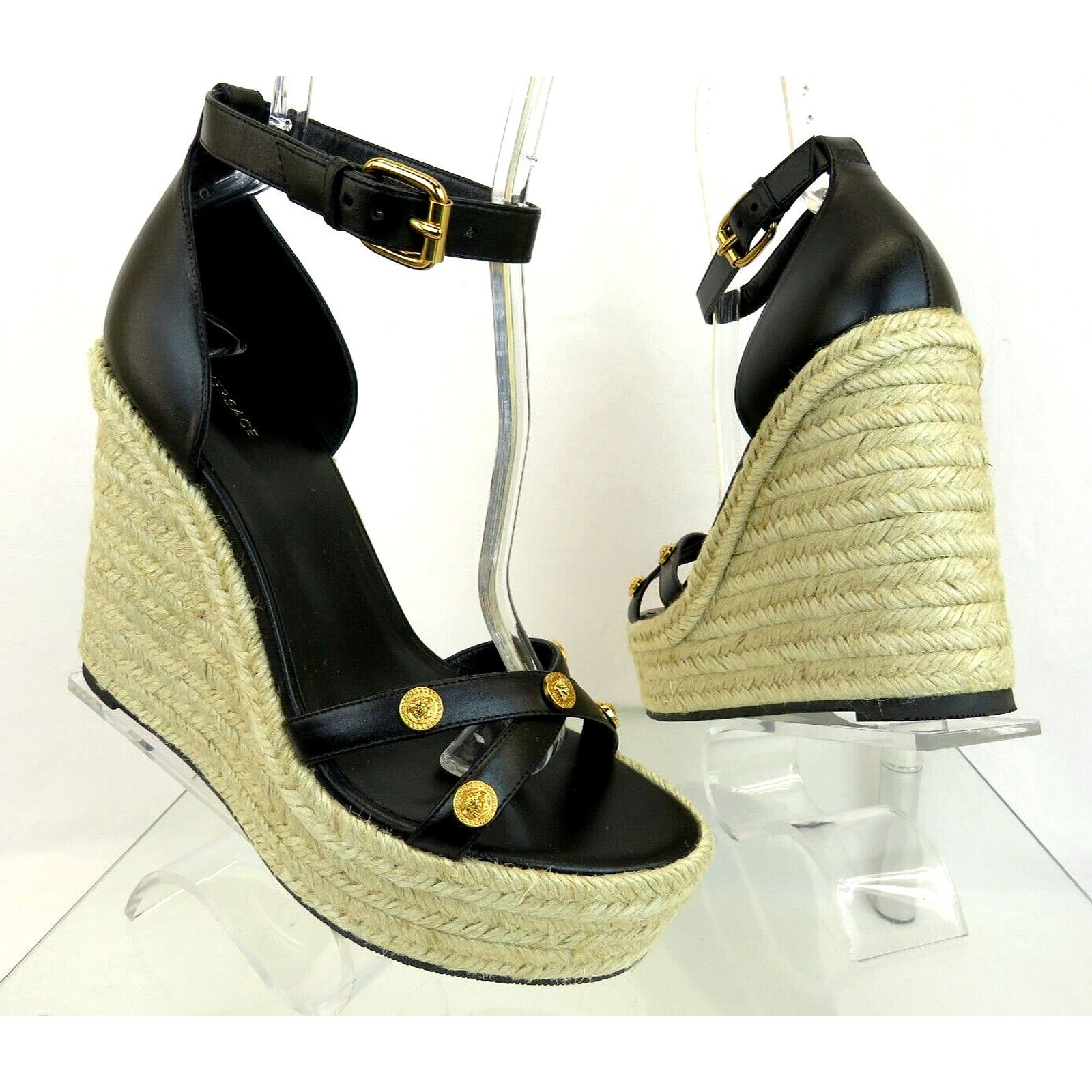 Versace VERSACE BLACK LEATHER GOLD MEDUSA LOGO SANDAL ESPADRILLES 40 Size US 10 / IT 40 - 4 Thumbnail