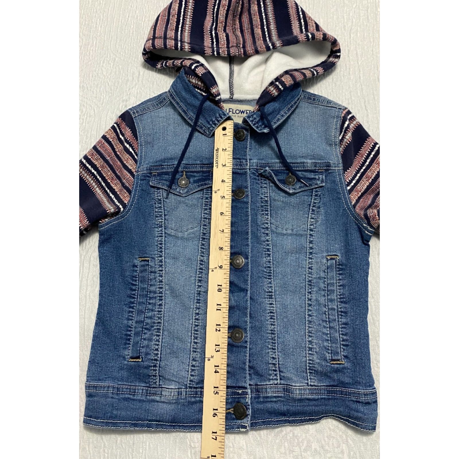 Vintage Wallflower Hooded Denim Jacket Shirt Women Juniors S Blue Striped Casual Basic Size 28" / US 6 / IT 42 - 4 Thumbnail