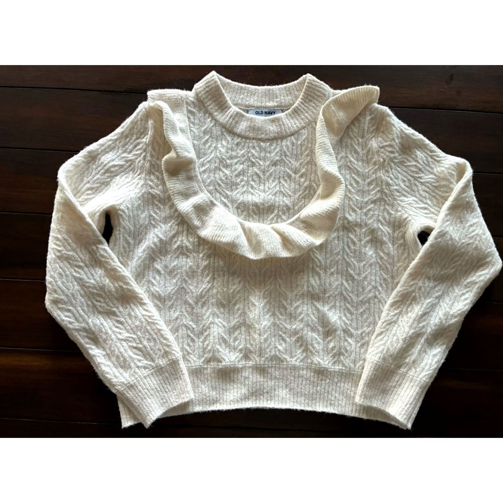 Old Navy Old Navy Womens Wool Blend Ruffle Cable Knit Cropped Sweater Cream M Pullover Crew Neck Short Sleeve? Size M / US 6-8 / IT 42-44 - 2 Thumbnail