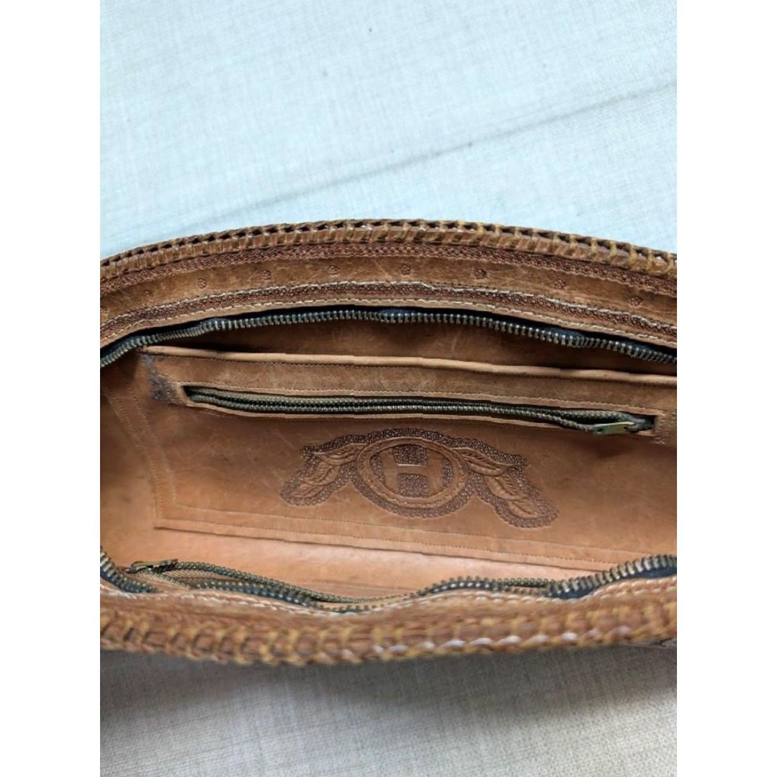 Vintage VINTAGE handcrafted leather bag Western tote 15" saddle bag Tooled brown Unisex Adults Bag 15x7 Leather Cowhide Zip Mens Womens Size ONE SIZE - 4 Thumbnail