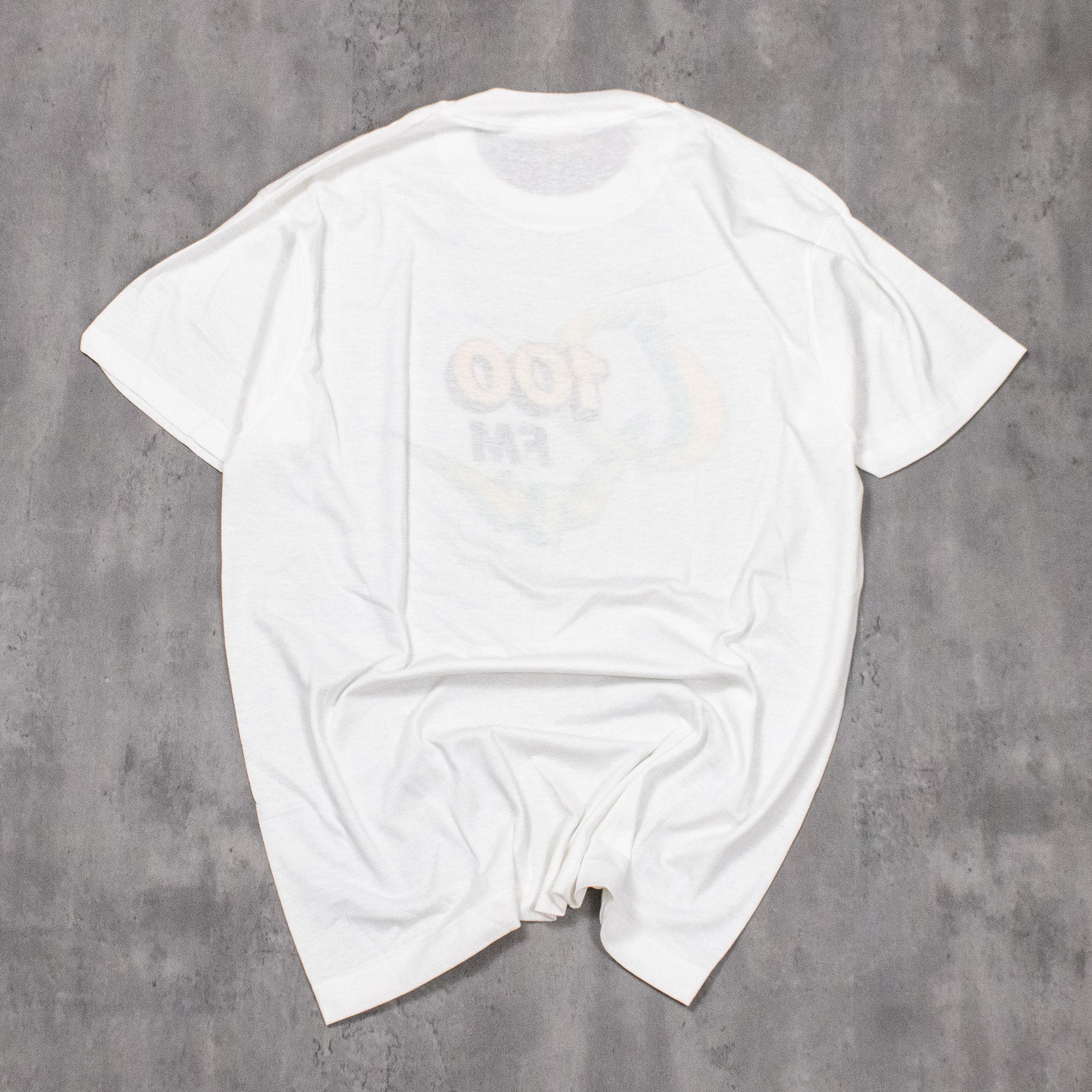 Band Tees × Vintage Vintage 1980’s Screen Stars Q 100 FM Single Stitch White Tee Size US L / EU 52-54 / 3 - 7 Thumbnail
