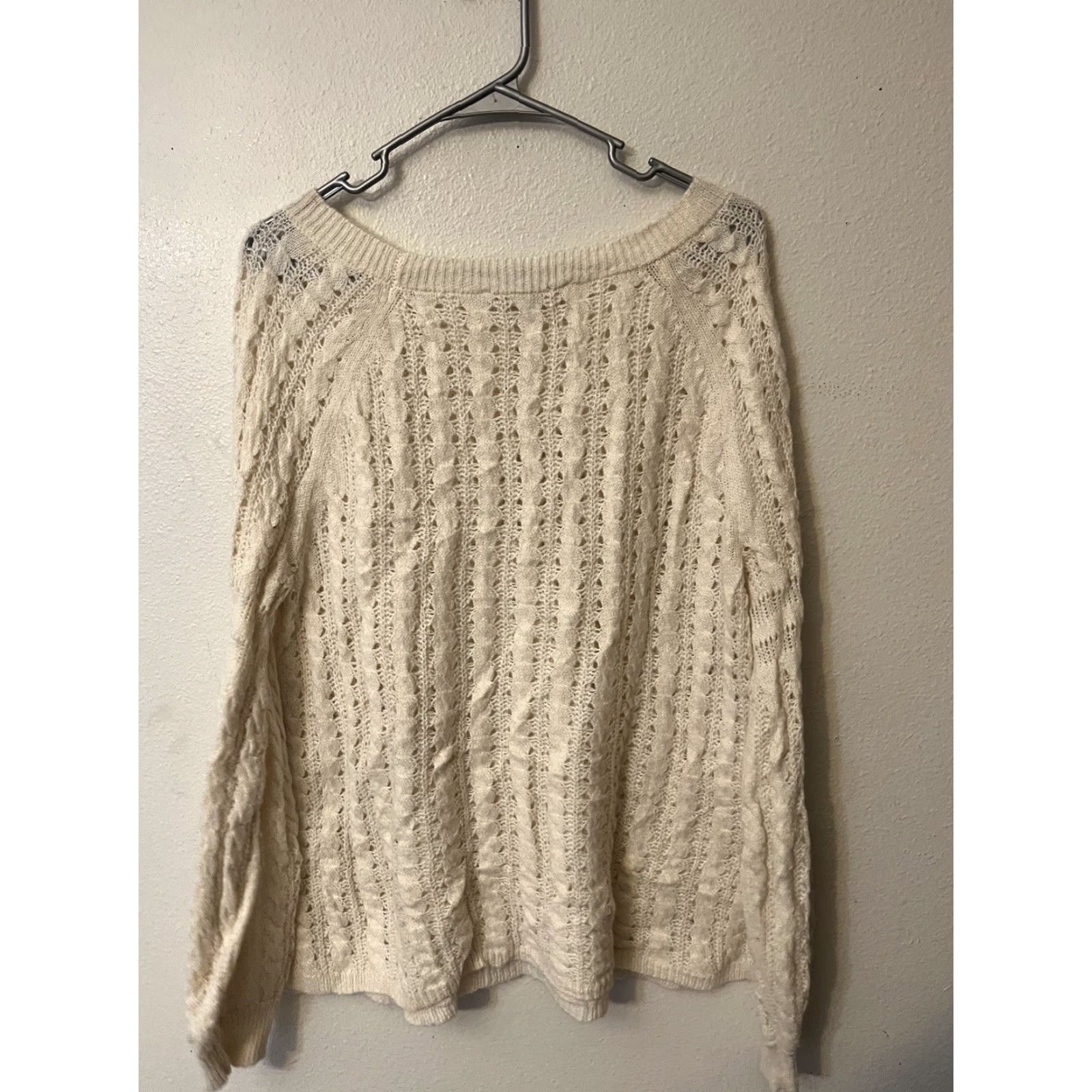 Loft LOFT Cream Open Weave Long Sleeve Cotton Blend Sweater L Womens Pullover Round Neckline Size L / US 10 / IT 46 - 2 Thumbnail