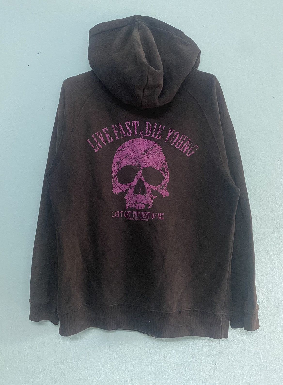 image of Band Tees x Rock Band Y2K Over Kill Live Fast & Die Young Skull Sunfaded Hoodie in Black (Size Larg
