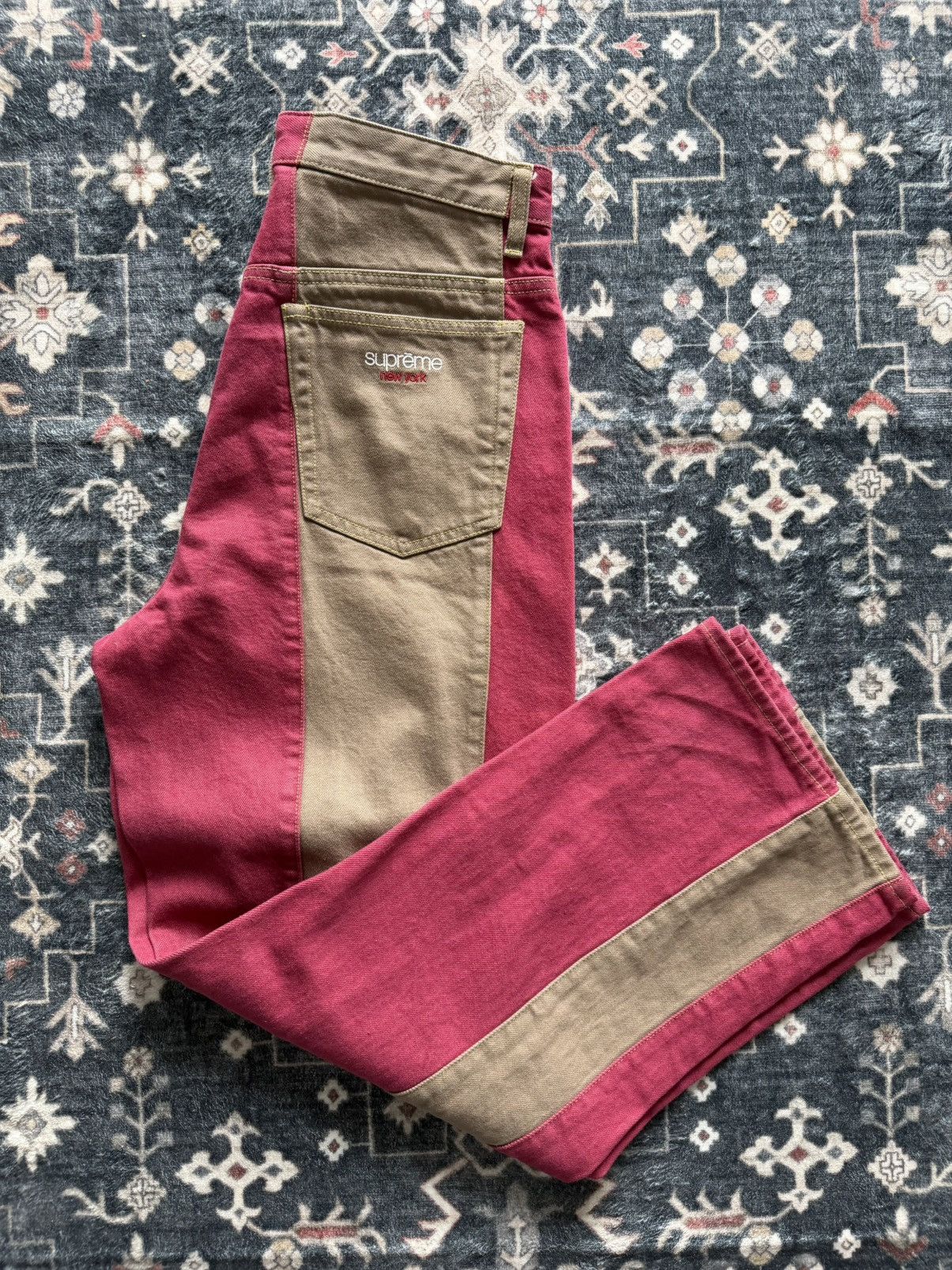 Supreme {Great Condition} Supreme Paneled Stripe Baggy Jean {Red 