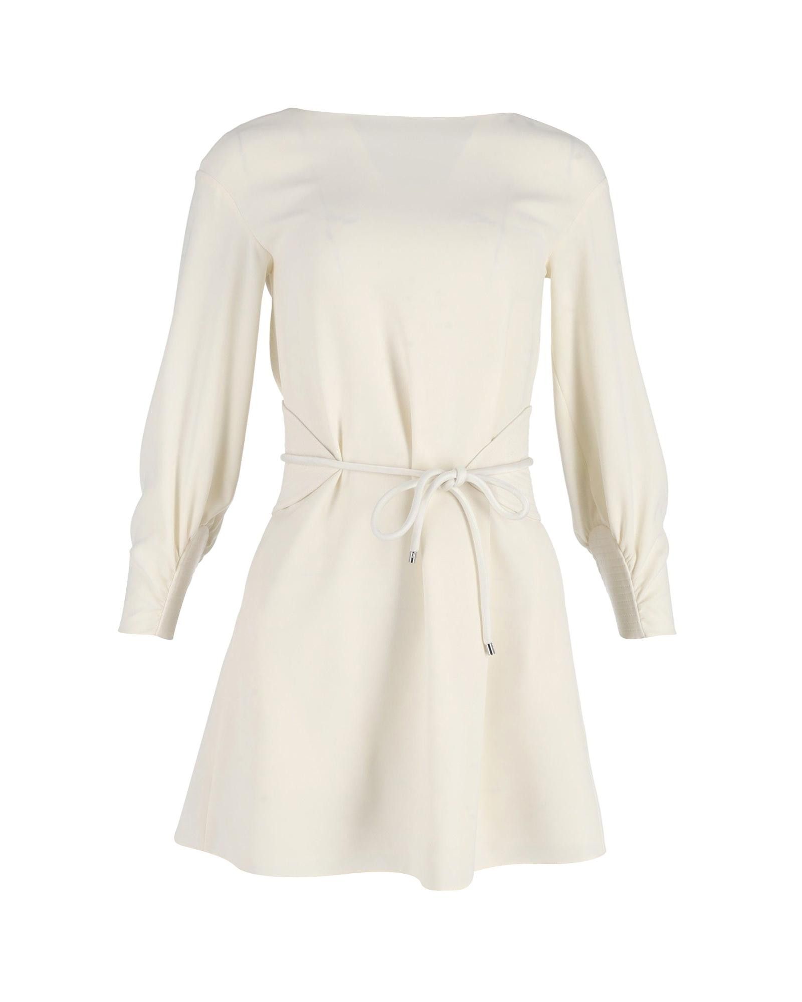 image of Armani Chic Tie-Waist Long-Sleeve Mini Dress In Cream Polyester in White/Cream, Women's (Size XS)