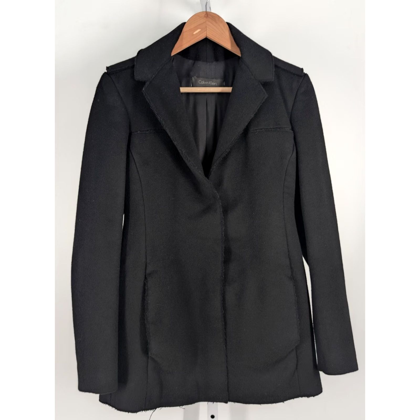 Calvin Klein VINTAGE Calvin Klein Collection Jacket Women Wool Fleece Black Mid-Length 34" 6 Small Details: Raw Hem, Snap Closure Size M / US 6-8 / IT 42-44 - 3 Thumbnail