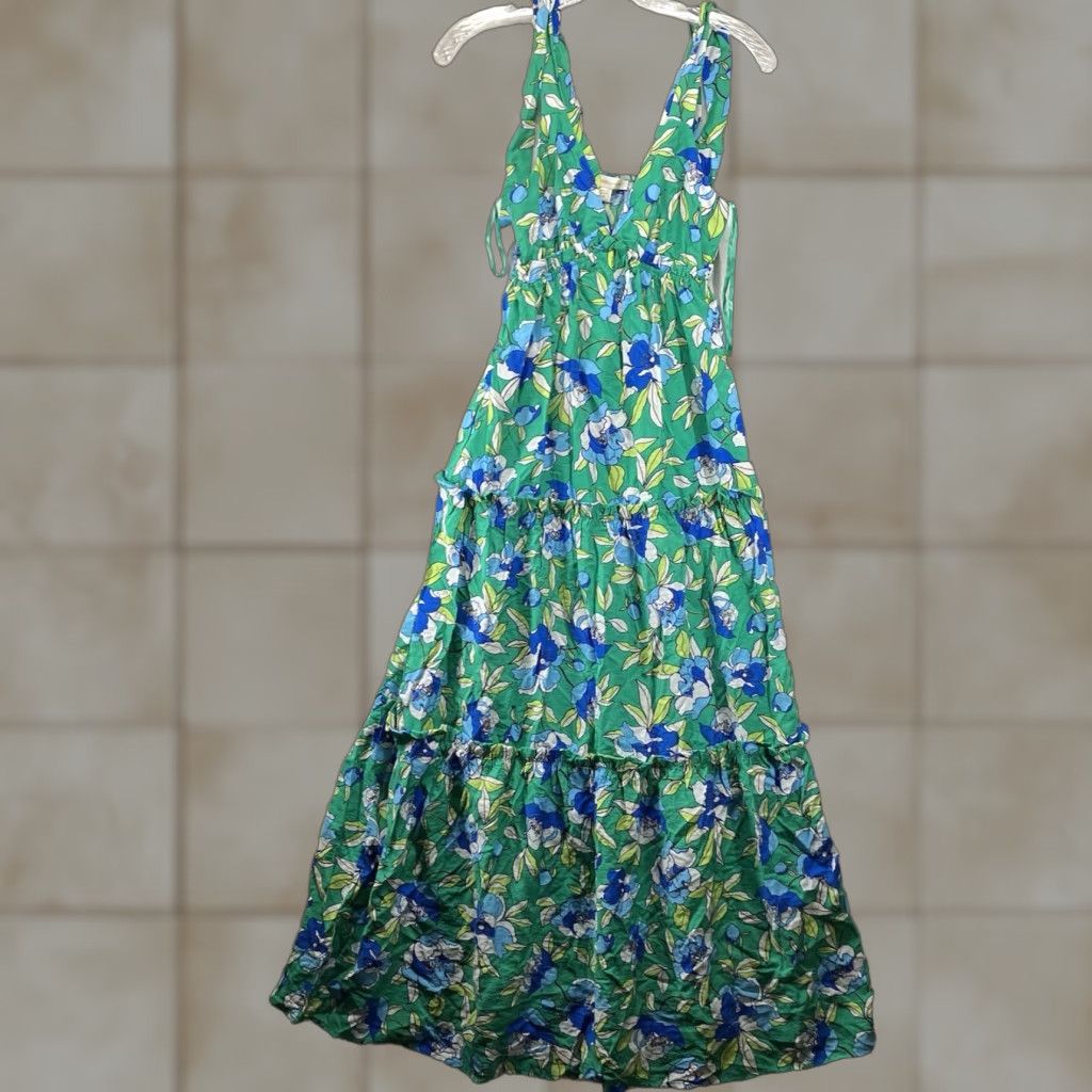 Vintage Monteau Maxi Dress Women's XS Green Floral Ruffled V-Neck Casual Spring Summer Size XS / US 0-2 / IT 36-38 - 1 Thumbnail