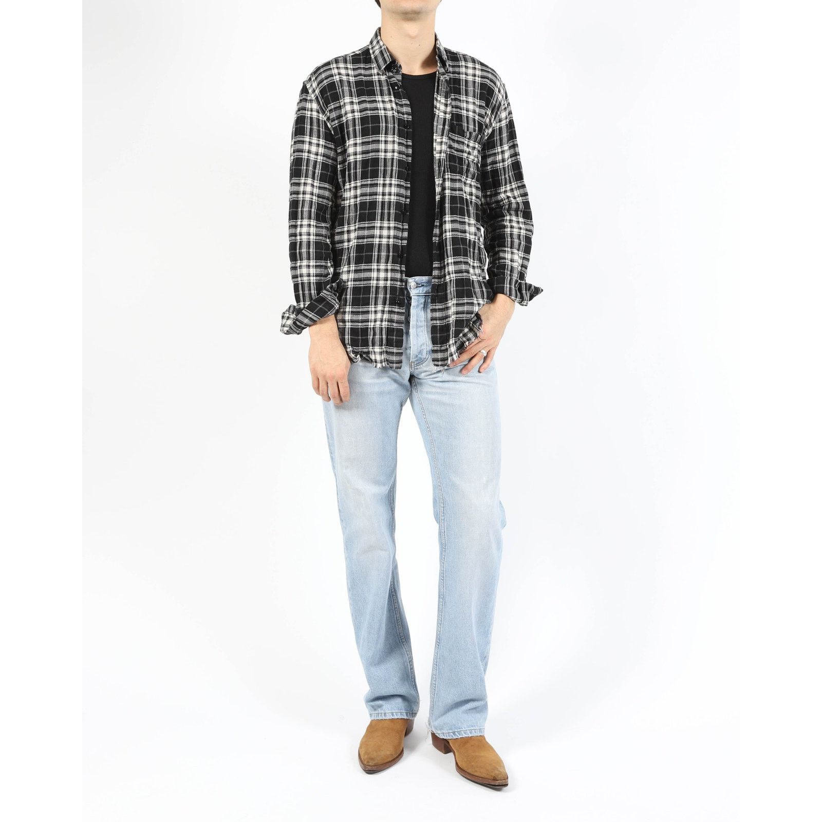 Saint Laurent Paris SS17 Crinkled Raw Hemd Flannel in Black & White Wool Size US M / EU 48-50 / 2 - 2 Thumbnail