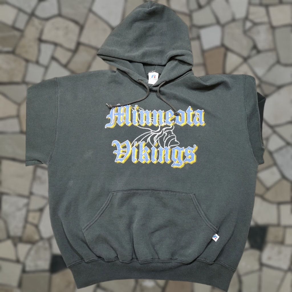 Russell Athletic VINTAGE Russell Athletic Hoodie Sweatshirt Black Large Mens Vikings 90s Pullover Drawstring Cotton Blend Shirt? Size US L / EU 52-54 / 3 - 1 Thumbnail