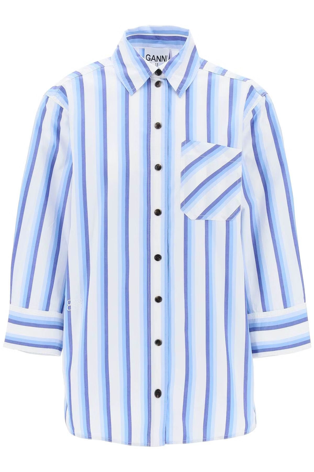 image of Ganni O1S22I1N0524 Oversized Striped Poplin Shirt In White Blue, Women's (Size XS)