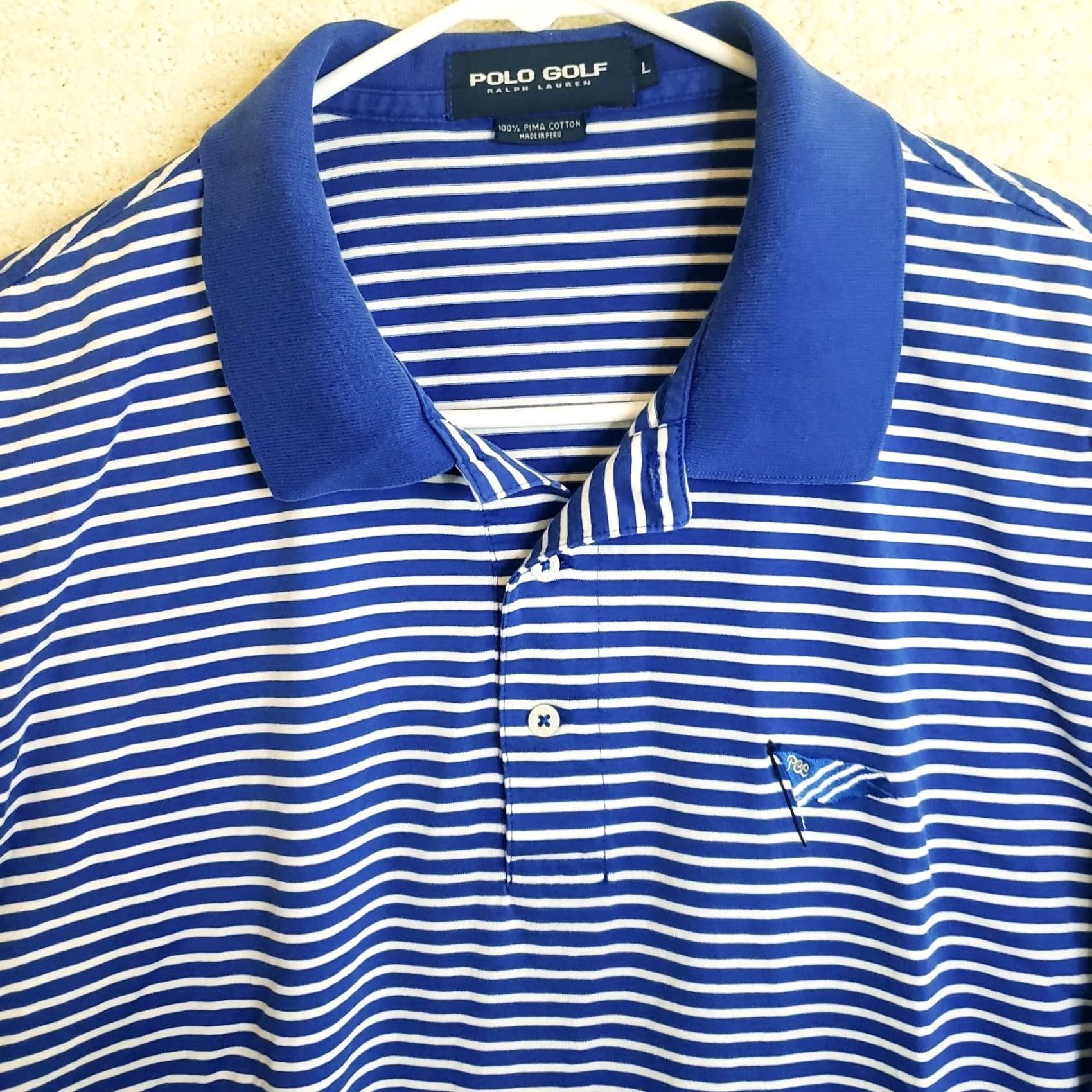 Ralph Lauren VINTAGE Polo Golf Ralph Lauren Pima Cotton Shirt Men's L Blue Stripe SS Flag Logo Size US L / EU 52-54 / 3 - 3 Thumbnail