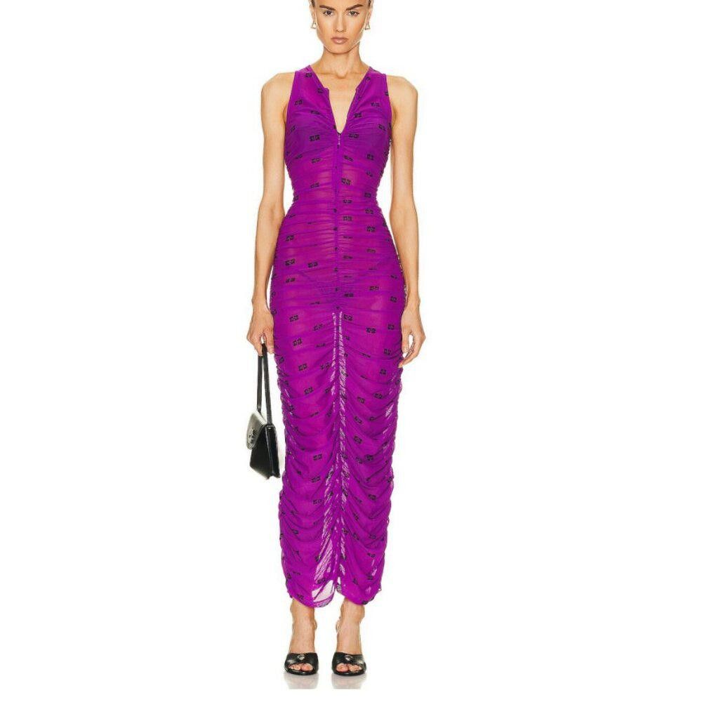 Ganni GANNI Printed Ruched Mesh Midi Dress Sparkling Grape NWT Size XS / US 0-2 / IT 36-38 - 3 Thumbnail