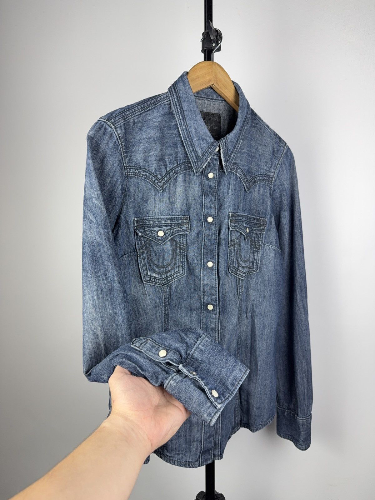 True Religion × Vintage True Religion Denim Western Shirt Snap Button Distressed Size L / US 10 / IT 46 - 6 Thumbnail