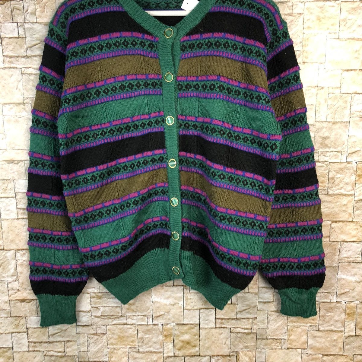 Japanese Brand Palls Pyra vintage japan Green Patterned Cardigan #A1095 Size US M / EU 48-50 / 2 - 3 Thumbnail