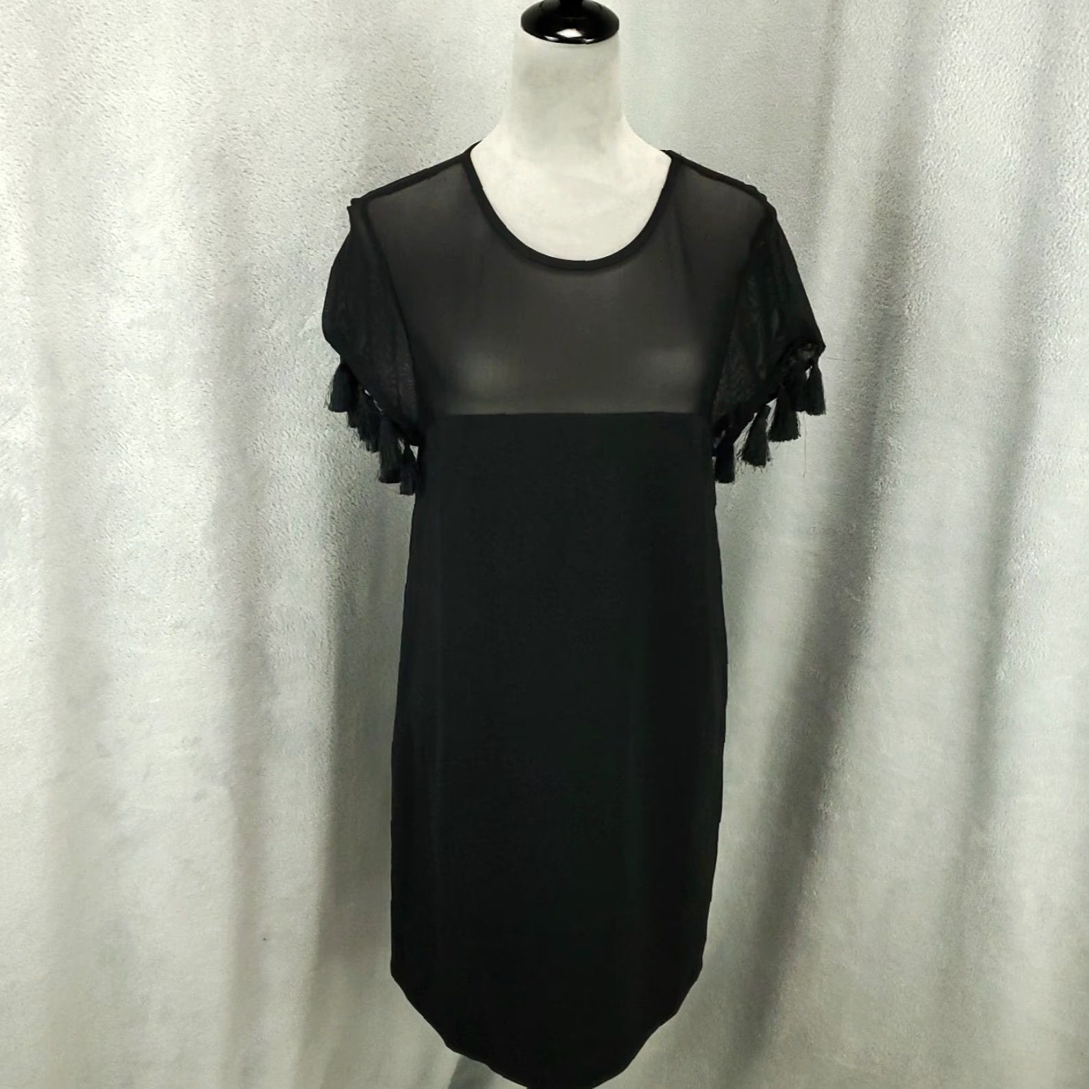 Lulus Lulus Black Dress Womens Medium Sheer Top Fringe Side Zip Mini Knee Dress Length Short Tassel Size M / US 6-8 / IT 42-44 - 2 Thumbnail
