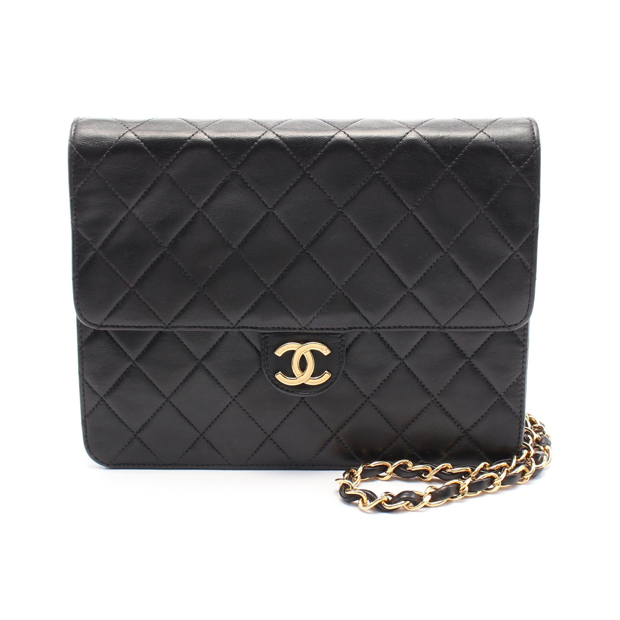 Chanel Matelasse Single Flap Chain Shoulder Bag Lambskin Black Gold Hardware Push Lock